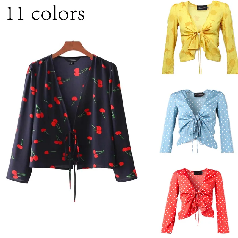 JuneLove 2019 New summer autumn women long sleeve cherry dot sunflower print kimono cardigan chiffon tops lace up blouses |