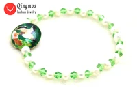 qingmos trendy 5 6mm white natural pearl bracelet for women with green crystal and 18mm cloisonne bracelet jewelry 7 5 bra412
