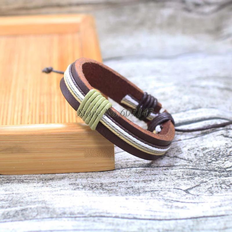 6pcs/lot Twist Handmade Bangle pulseira masculina Wrap Brown Retro Genuine Leather Bracelet Men with Braided Rope PT12 | Украшения и