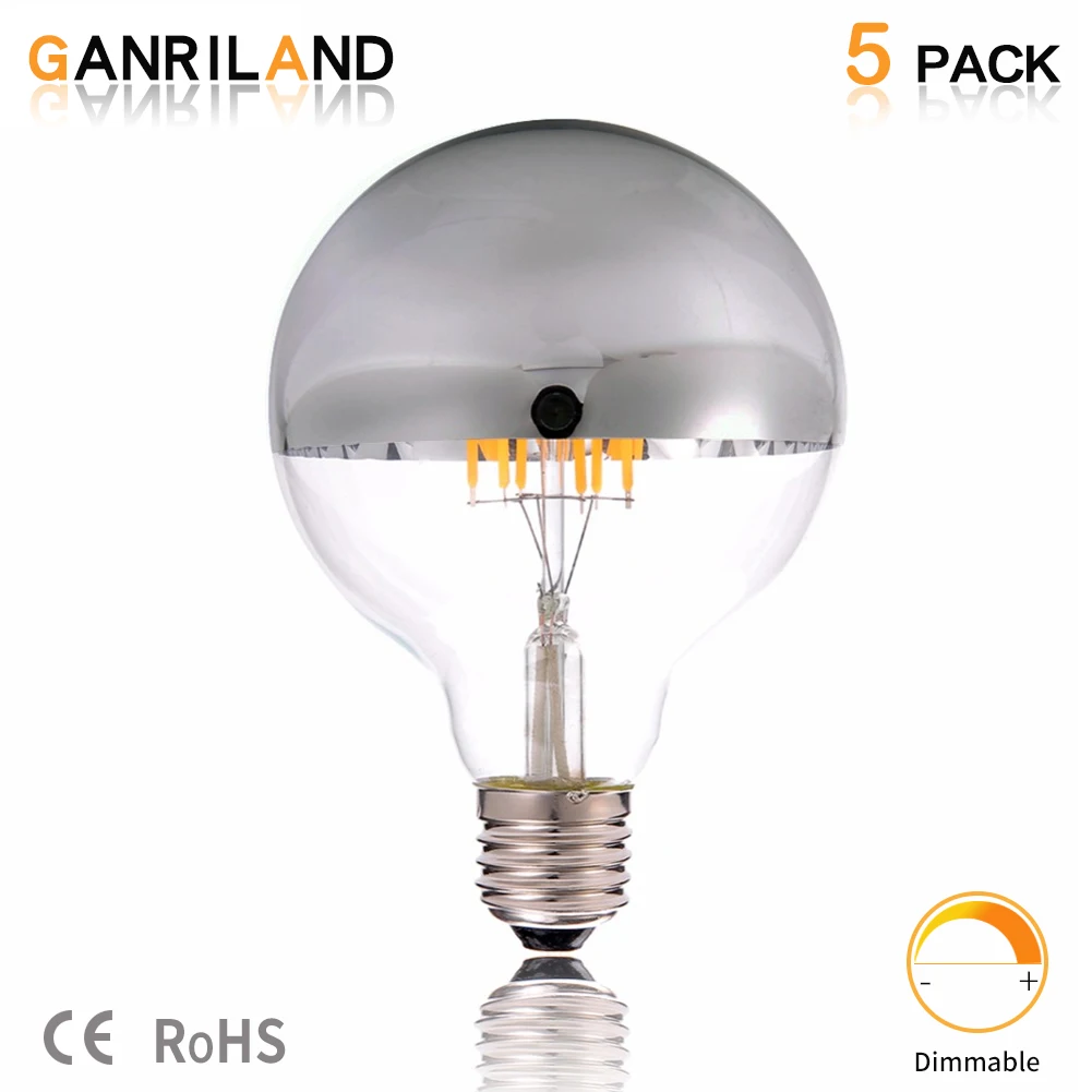 

GANRILAND LED G95 Silver Bowl Led Vertical Filament Bulbs 600 Lumens 6 Watt CRI 85 Warm White 2700K Clear Dimmable E27 Led Lamp