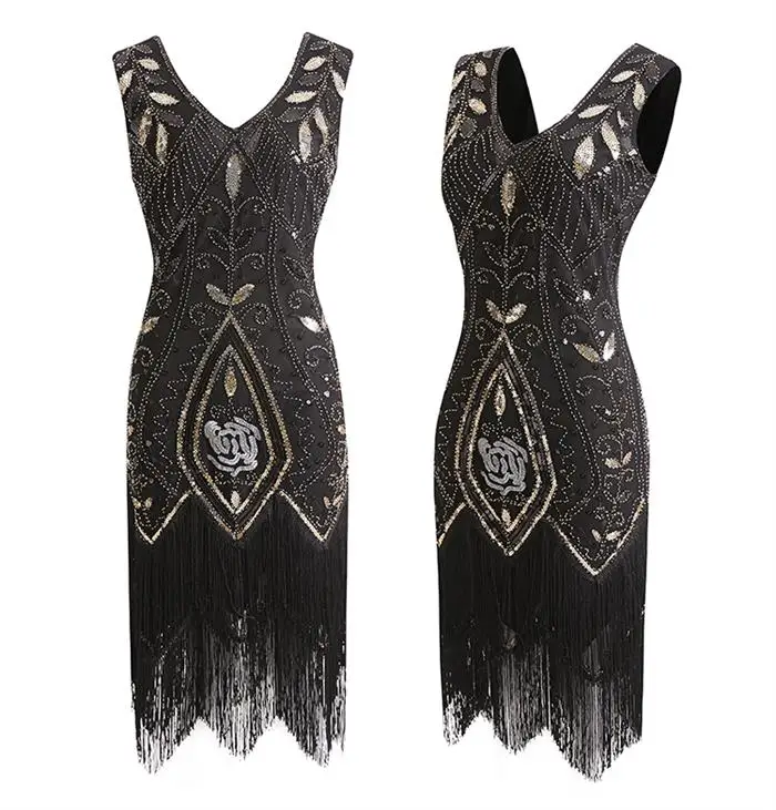 Новинка, женское винтажное платье с бахромой в стиле Грейт Гэтсби 1920, летнее платье без рукавов с блестками и бусинами, Vestido De Fiesta - Цвет: 102black