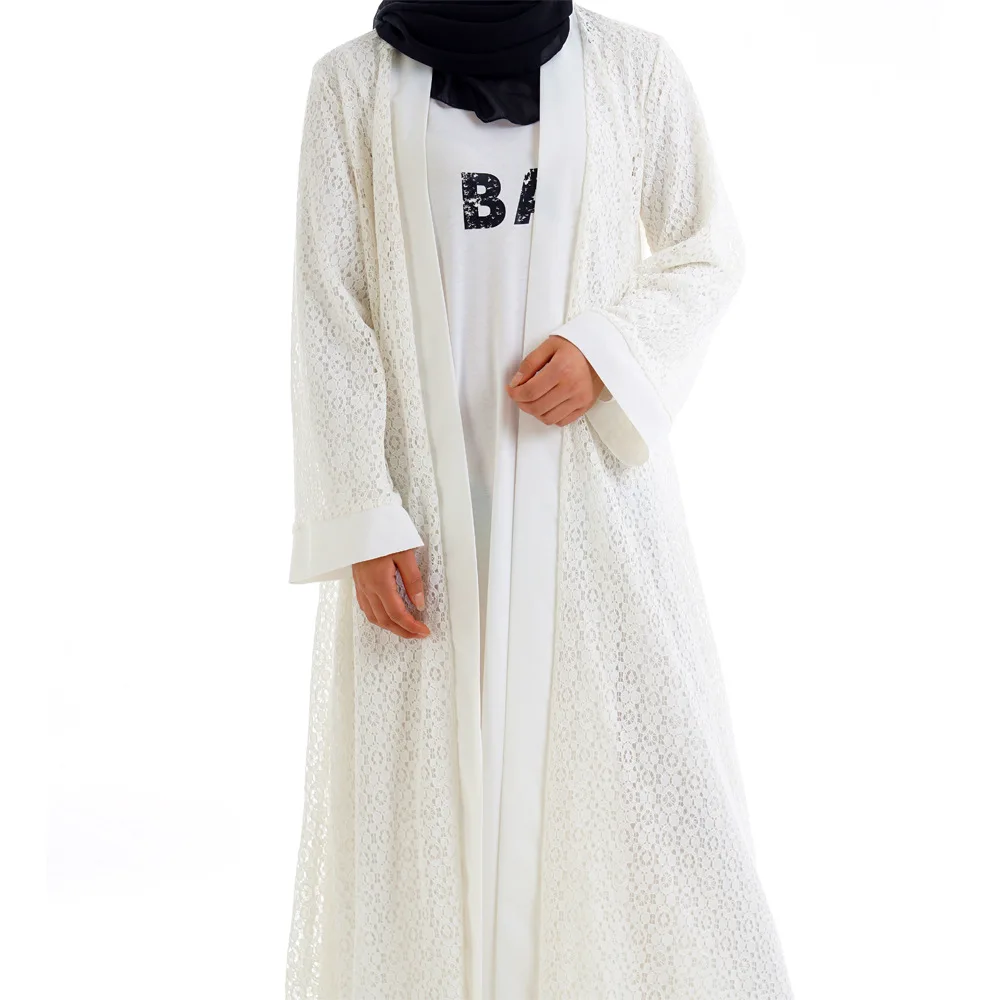 Спереди Открытое abaya Дубай белое кружевное женское мусульманское платье хиджаб Бангладеш Турция турецкий кардиган Болеро Кафтан Исламская одежда