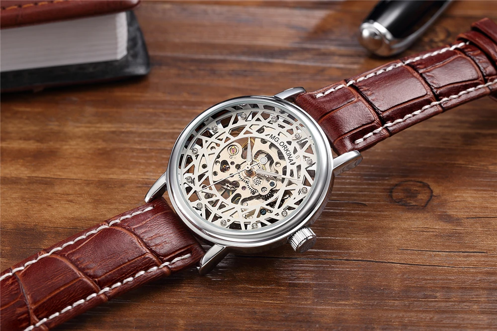 Женские Механические часы с бриллиантами ORKINA брендовые наручные серебристым