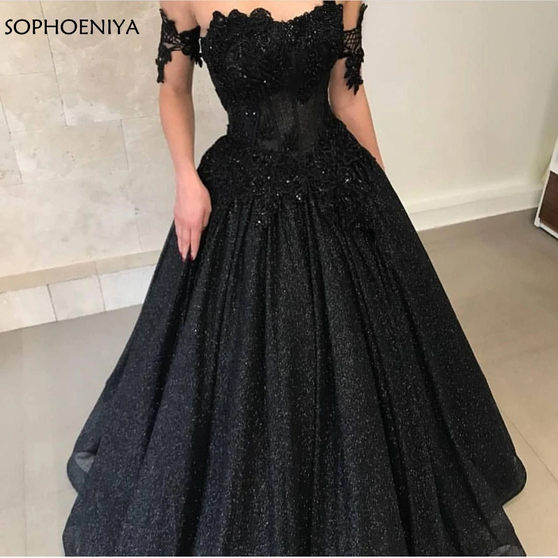 

New Arrival Black Lace Evening dress 2020 Off the shoulder Abiye gece elbisesi A-Line Formal dress Party Dubai Evening dresses