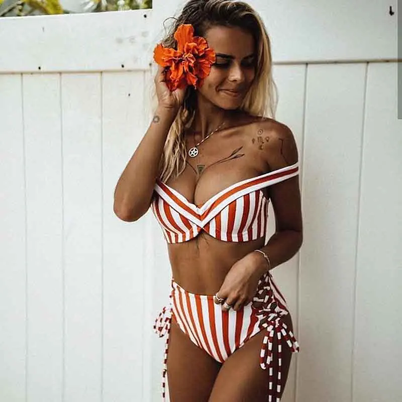 Бикини пуш-ап с высокой талией купальник бикини 2020 полосатый комплект без