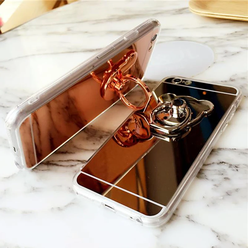 Модный зеркальный чехол подставка LOVECOM с кольцом медведем для Samsung S21 Ultra S20 S10 Plus A50