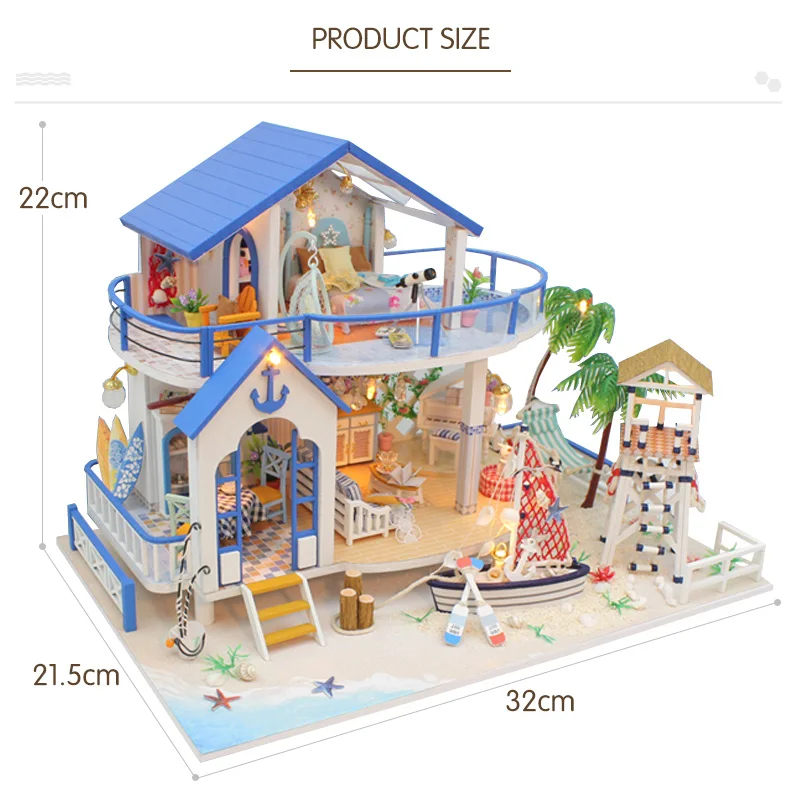 

DIY LED Dollhouse Sea Miniature Villa With Furniture Wooden House Room Model Kit Gifts Toys For Children Kids Doll House Toys