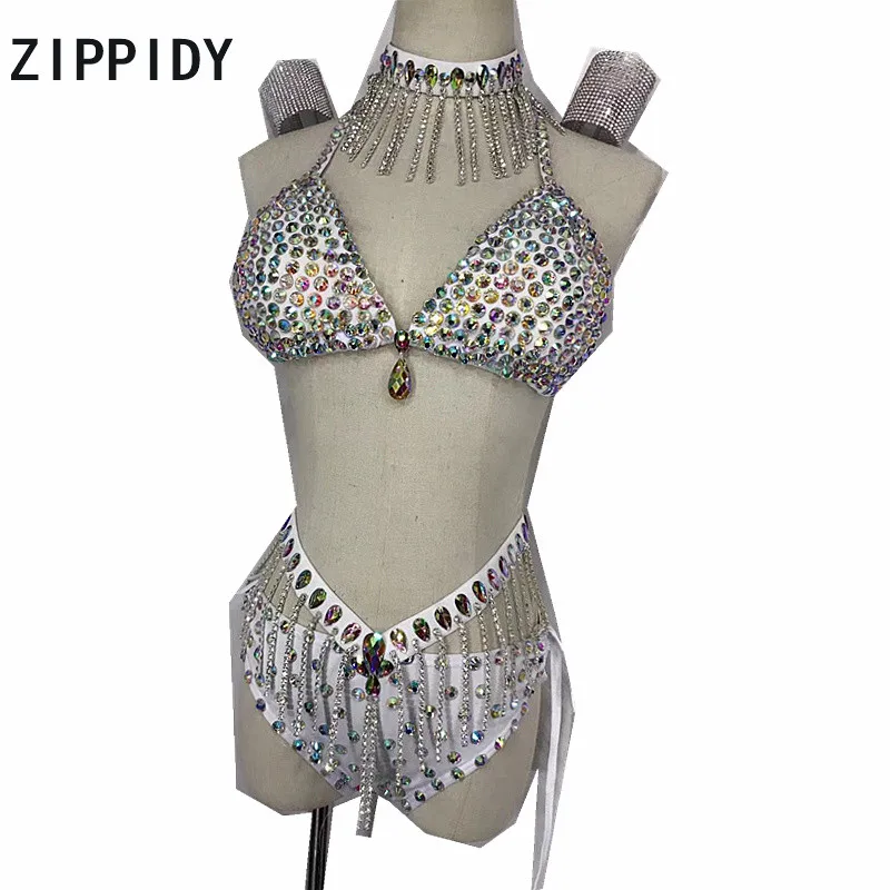 

Glisten Rhinestones Bra Short Lingerie Outfit Set Female Singer Show Costume Sexy Stones Bikini Set Evening Dance Women Outfit