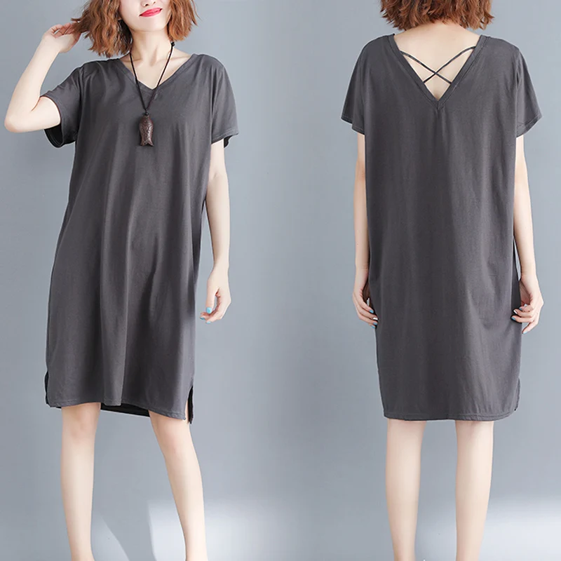 

Cotton Loose V-Neck dress women 2019 summer new Casual Short sleeve A-Line dress women Solid color Large size Knee-Length dress
