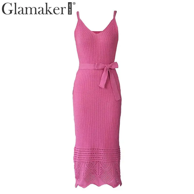 Розовый Glamaker, вязаный крючком ремень, v-образный вырез, сарафан, женское, летнее, элегантное, на шнуровке, с поясом, бодикон, праздничное, макси платье, женская уличная одежда, сексуальное платье - Цвет: Розовый
