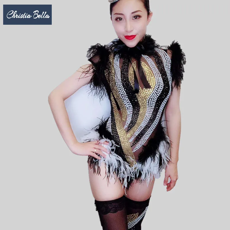 Crystals Feather Stage Bodysuit for Women See Through Stretch Leotard Nightclub Dj Jumpsuits Cosplay Party Performance Show Wear