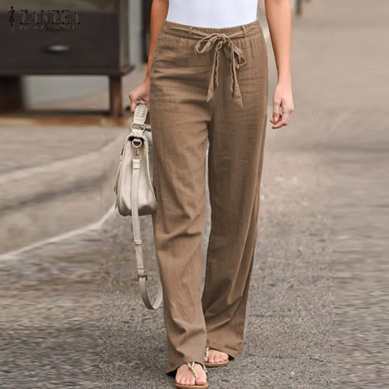 4 Colors Women Cotton Linen Pants ZANZEA Female Casual Straight Trousers Elastic Waist Turnip Long Pantalones Mujer Streetwear