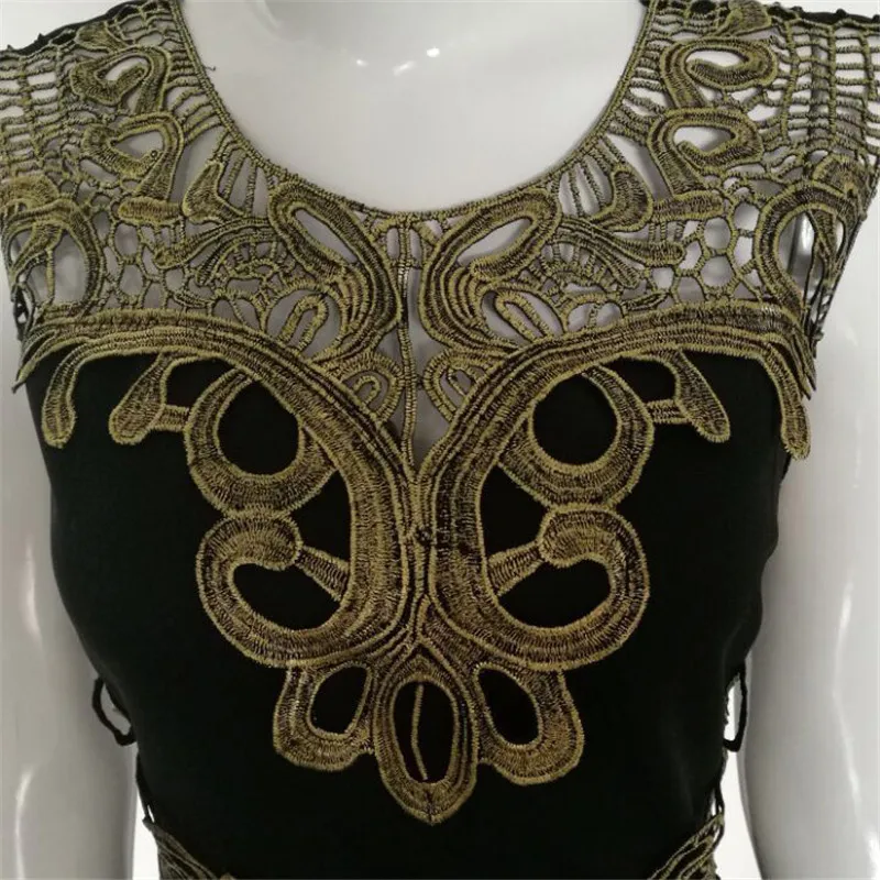 

YGYEEG Women Fashion Dress O-Neck Solid Party Sleeveless Lace Hollow Out Dresses Summer Patchwork Appliques Knee-Length Clothes