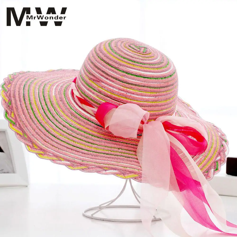 Женские соломенные солнечные шапки складные Широкий Бант края Радужный цвет