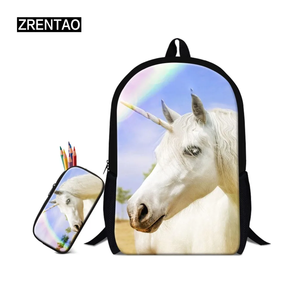 

ZRENTAO школьный рюкзак, набор с единорогом mochila, двойная сумка на молнии + пенал с боковыми карманами, сумки для путешествий