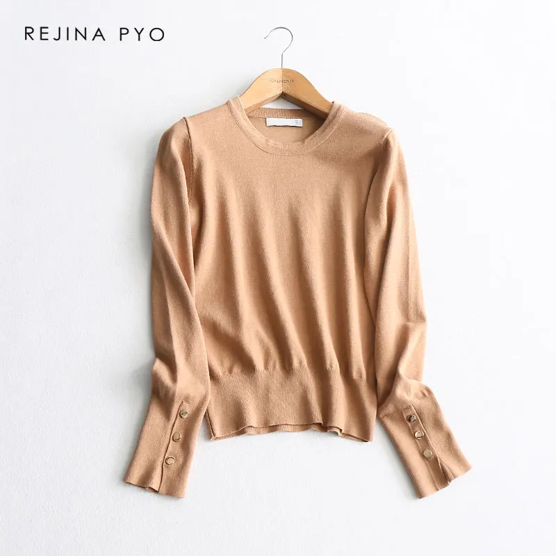 BIAORUINA Women Solid Basic Casual O-neck Knitted Sweater Mental Buttons Decoration Female All-match Everyday Pullovers | Женская одежда