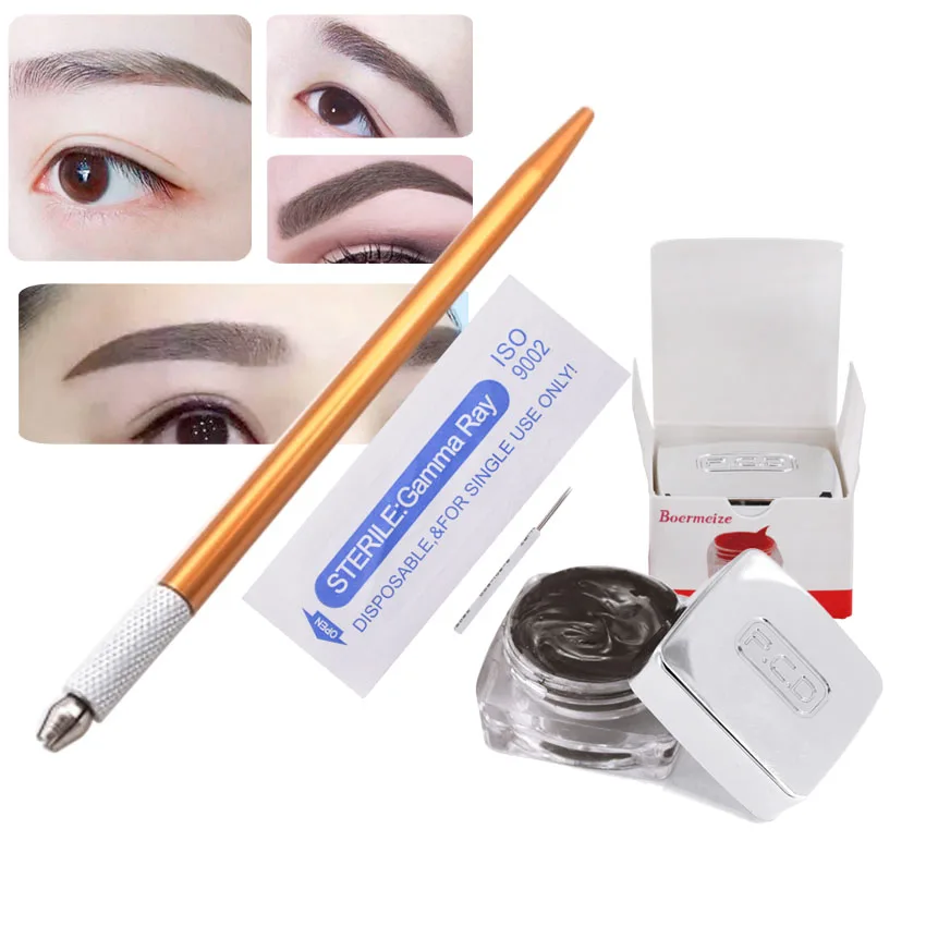 Tattoo Manual Pen Kit with Round Needles 3RL Pigment Ink Permanent Makeup Fog Eyebrow Microblading Beauty Tools Set Supplies