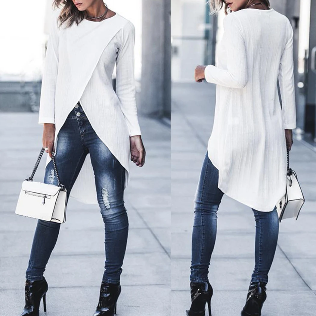 Для женщин Нерегулярные Разделение Длинная блузка Топы осень-зима с длинными