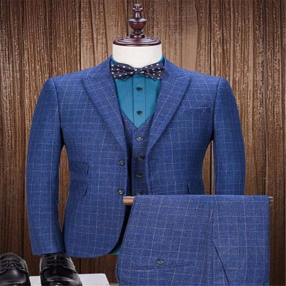 Британский стиль синий твидовый в клетку костюмы для мужчин две пуговицы