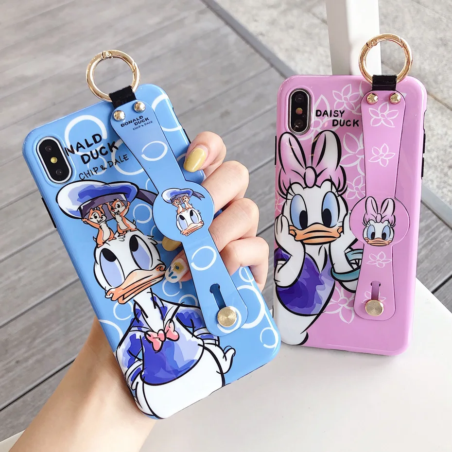 Donald Daisy Duck Case for iPhone 7 8 6 6S Plus Cute Cartoon Wrist Strap Bracket Phone Cover for iPhone XS Max XR X Case Funda