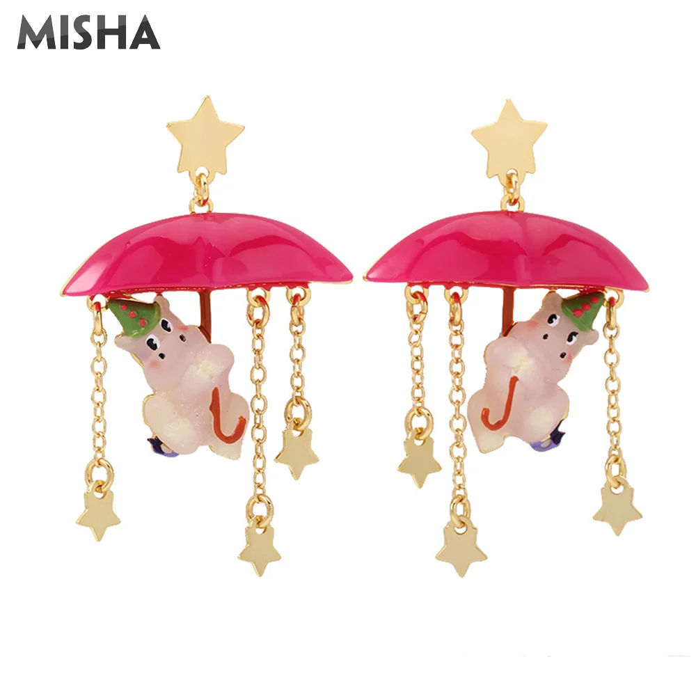 Stud Earrings MISHA, трендовые серьги-гвоздики для женщин, милый цирк, бегемот, красный зонтик, дизайн ручной работы, эмалированные глазурованные серьги, ювелирные изделия для девушек - Окраска металла: Stud Earrings