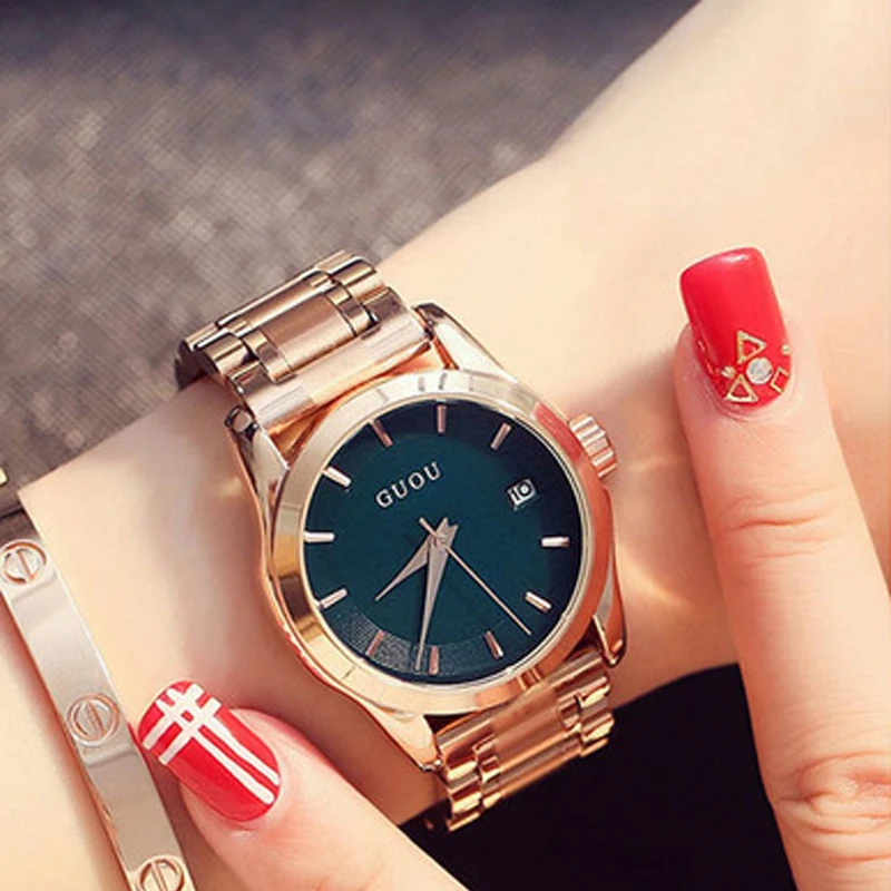 

2019 GUOU Women's Watches Business Ladies Watch Rose Gold Bracelet Watch Stainless Steel Auto Date Clock relogio feminino saat