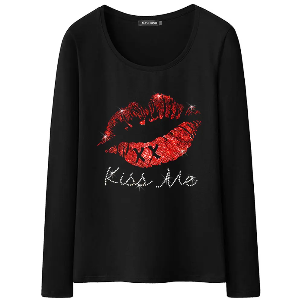 Новинка, летняя футболка со стразами и надписью Kiss Me Lips, новые модные женские футболки с длинным рукавом, женская одежда, хлопковые футболки - Цвет: T001-O-Black