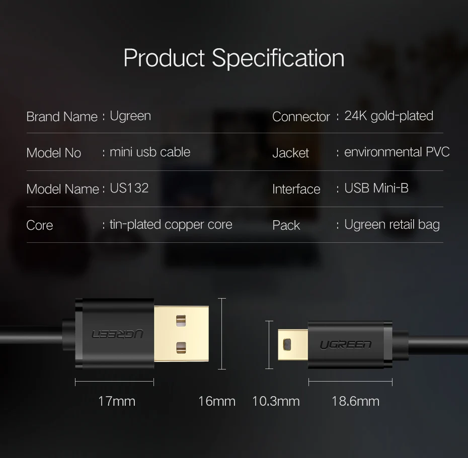 Ugreen Mini USB кабель Mini USB к USB кабель для быстрой зарядки данных для MP3 MP4 плеера Автомобильный видеорегистратор gps цифровая камера HDD Mini USB