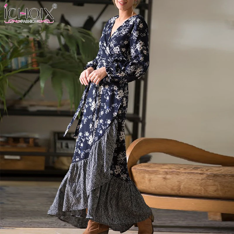 Осень 2019 женское длинное Повседневное платье с цветочным принтом Сексуальное