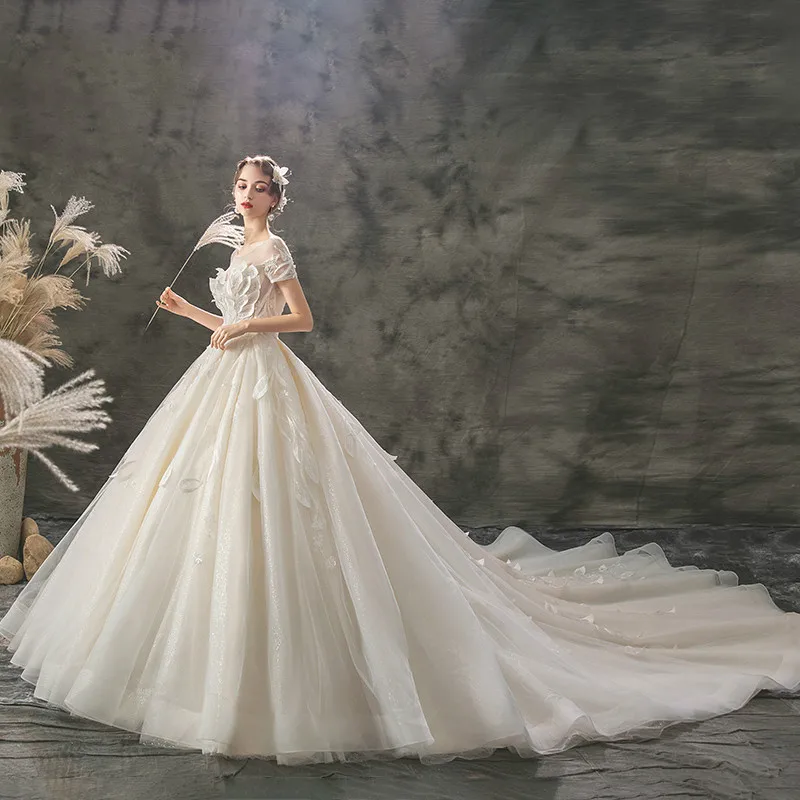 SSYfashion/бальное платье с круглым вырезом, короткими рукавами, шнуровкой сзади, шлейфом, белое свадебное платье на заказ, роскошное Элегантное свадебное платье