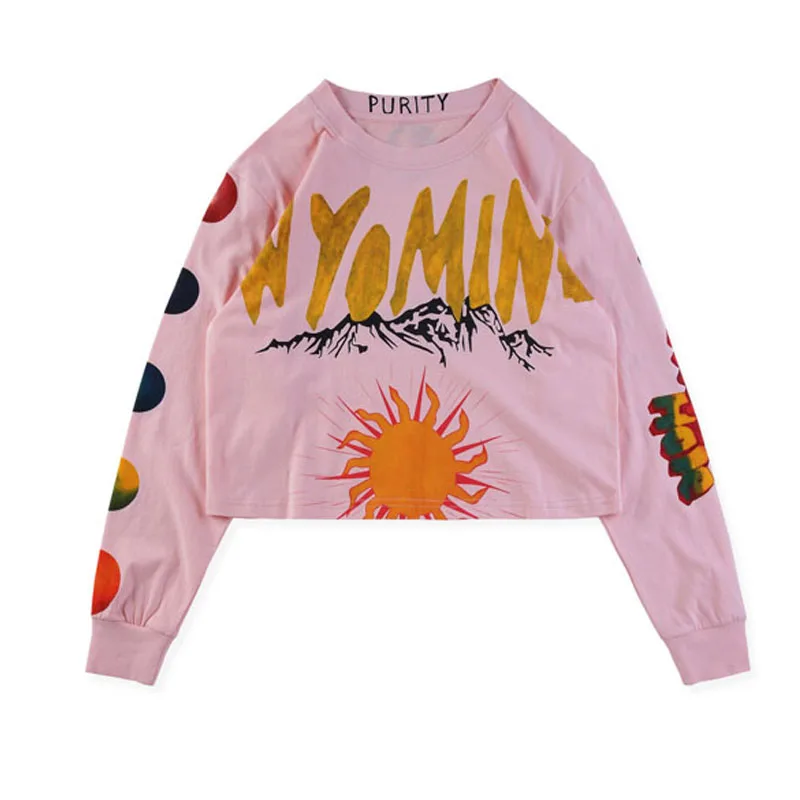 

Kanye West New Album Wyoming Gold Letter Printed Hip Hop T Shirts Kanye West Fashion Pink Long Sleeve T-shirt