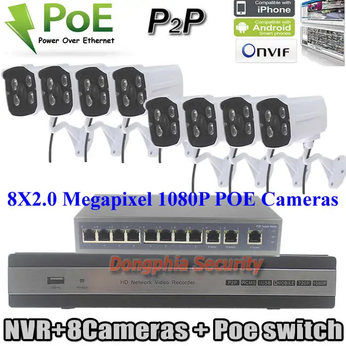 H.264 8CH 1080 P NVR комплекты системы видеонаблюдения nvr-рекордер Full HD 8 шт. 2.0MP ночь onvif