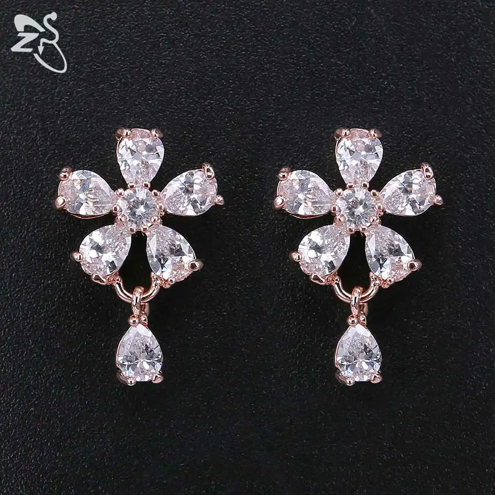 

Elegant Drop Earrings Copper With Crystal Piercing Helix Ear Jewelry Flower Brincos Rose Gold Color Earing Accessories For Women