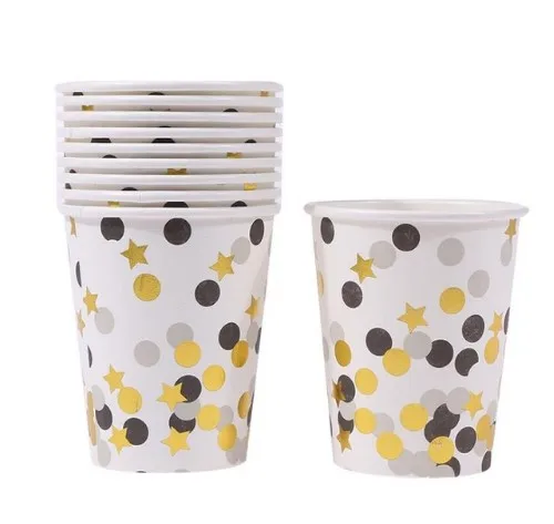 black dot cup Высококачественные одноразовые столовые приборы золотого и серебряного цвета в горошек бумажные салфетки под чашки для свадьбы, дня рождения, вечерние принадлежности, посуда для детского душа - Цвет: black dot cup