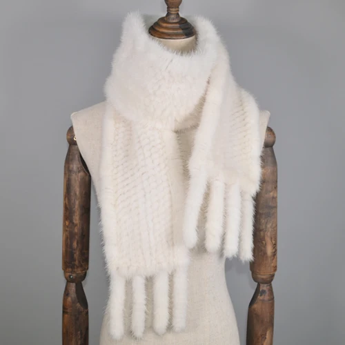 New Long Style Women Real Mink Fur Scarf Genuine Real Mink Fur Ring Scarfs Warm Soft Quality Knitted Real Mink Fur Shawl Scarves - Цвет: beige white