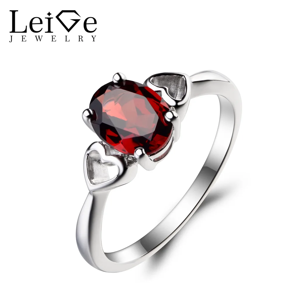 

Leige Jewelry January Birthstone Natural Red Garnet Ring Wedding Ring Oval Cut Gemstone 925 Sterling Silver Ring Solitaire Ring