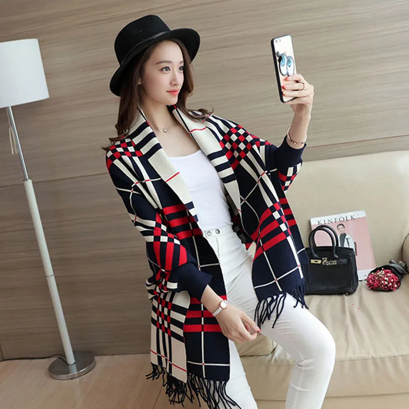 SimAi 2018 autumn and winter new style knitted shawl large loose sleeves sweater.Loose coat Tops |