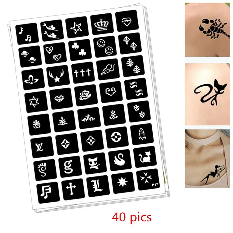 40 фотографий трафареты для татуировок хной DIY Jagua шаблоны рисования Аэрограф Менди боди-арт маленький флэш-тату трафарет C10
