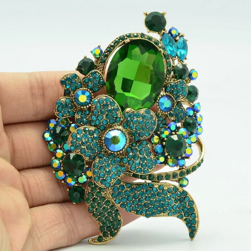 Оптовая продажа брошь в виде зеленого листа с цветком булавки стразы хрустальные