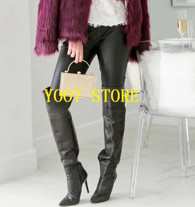 2019 брендовые черные кожаные сапоги до бедра на высоком каблуке женские зимние