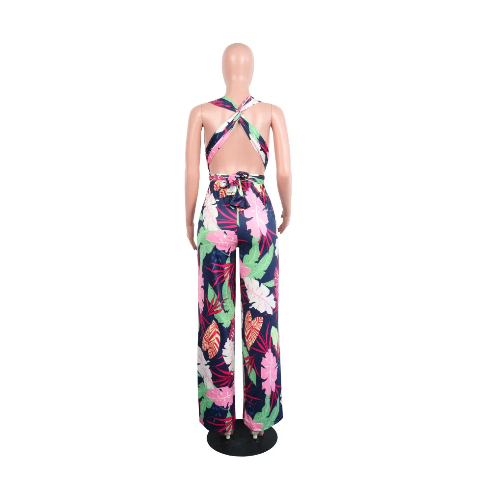 

Summer Leaf Print Jumpsuit Sexy Bandage Fancy Bind Strap Backless Sleeveless Wide Leg Pants Female Body Jumpsuit Boho Overalls