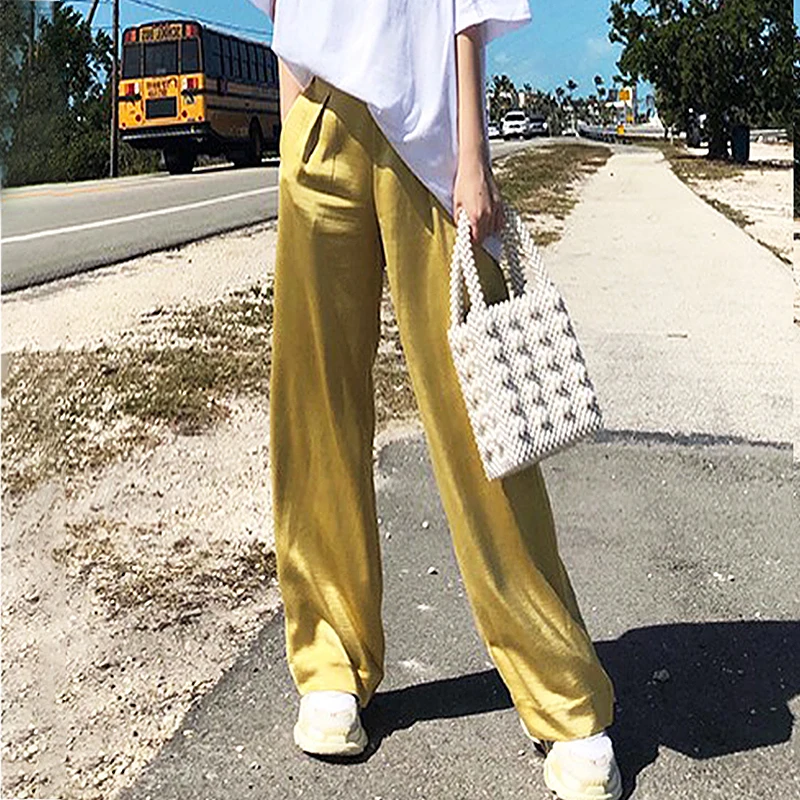 TWOTWINSTYLE повседневные атласные брюки для женщин, однотонные черные широкие брюки с высокой талией, женские весенние, корейская мода, новинка