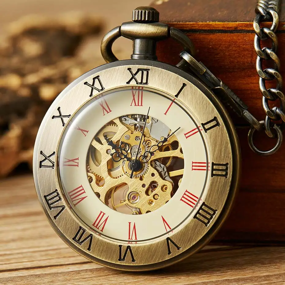 

Часы наручные мужские механические с римскими цифрами, винтажные карманные ретро-часы в стиле стимпанк, с бронзовым отверстием, в подарок