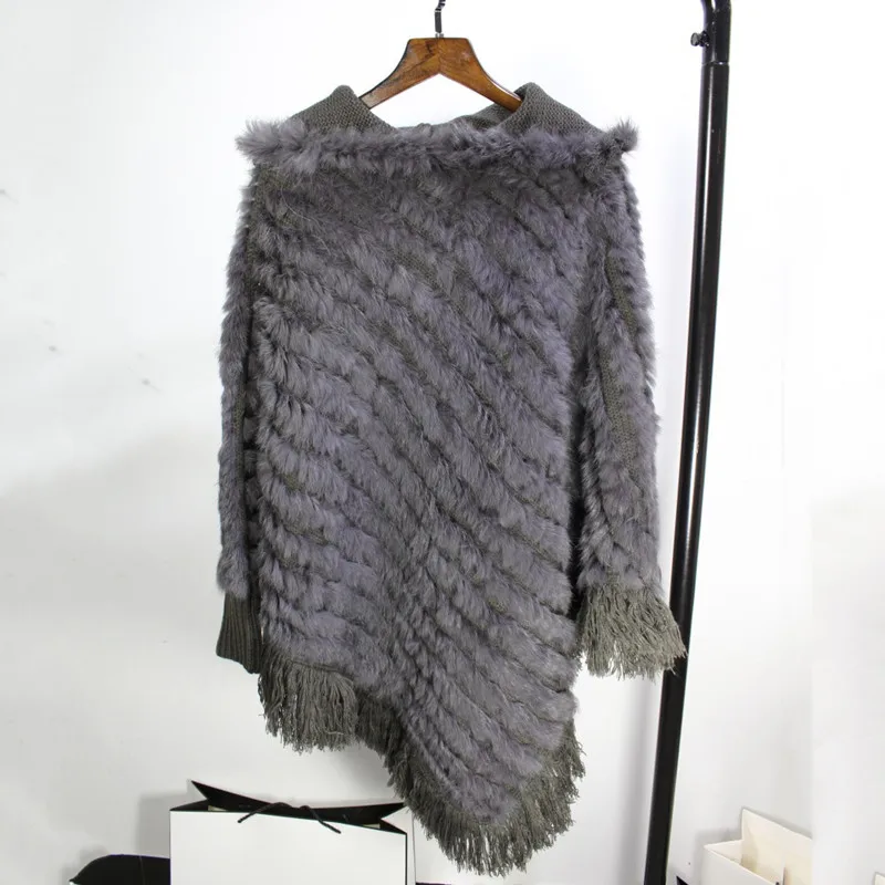 (TopFurMall) женское Вязаное пончо из кроличьего меха шали с капюшоном кисточками