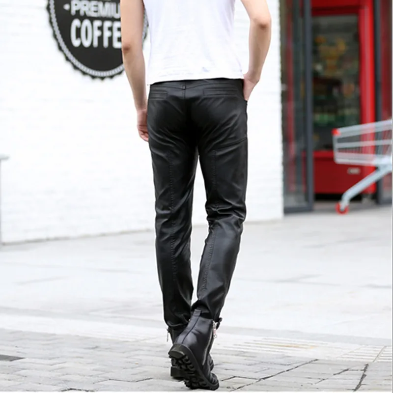 Мужские кожаные брюки размера плюс черные повседневные мотоциклетные карандаш