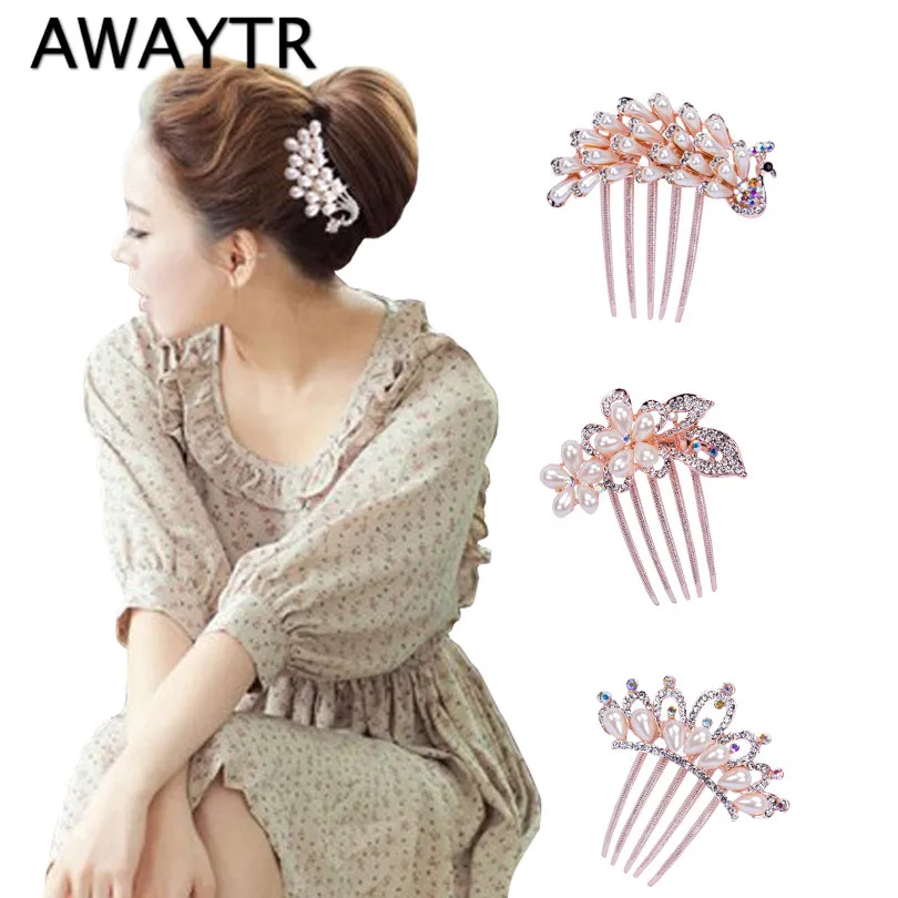 Женские заколки для волос AWAYTR элегантные гребни с павлиньим розовым золотом и