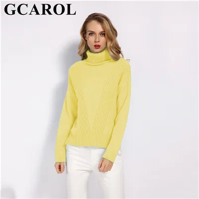 Yellow Женский свитер-водолазка GCAROL, теплый вязаный джемпер с разрезами по бокам, 7 цветов, пуловер большого размера со спущенными плечами на осень и зиму - Цвет: Yellow