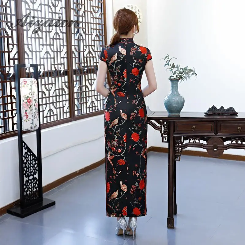 Восточный стиль ретро длинный Cheongsam черный Chinoise тонкий Qi Pao для женщин Китайская традиционная одежда платье Ципао Женская Роба в восточном стиле