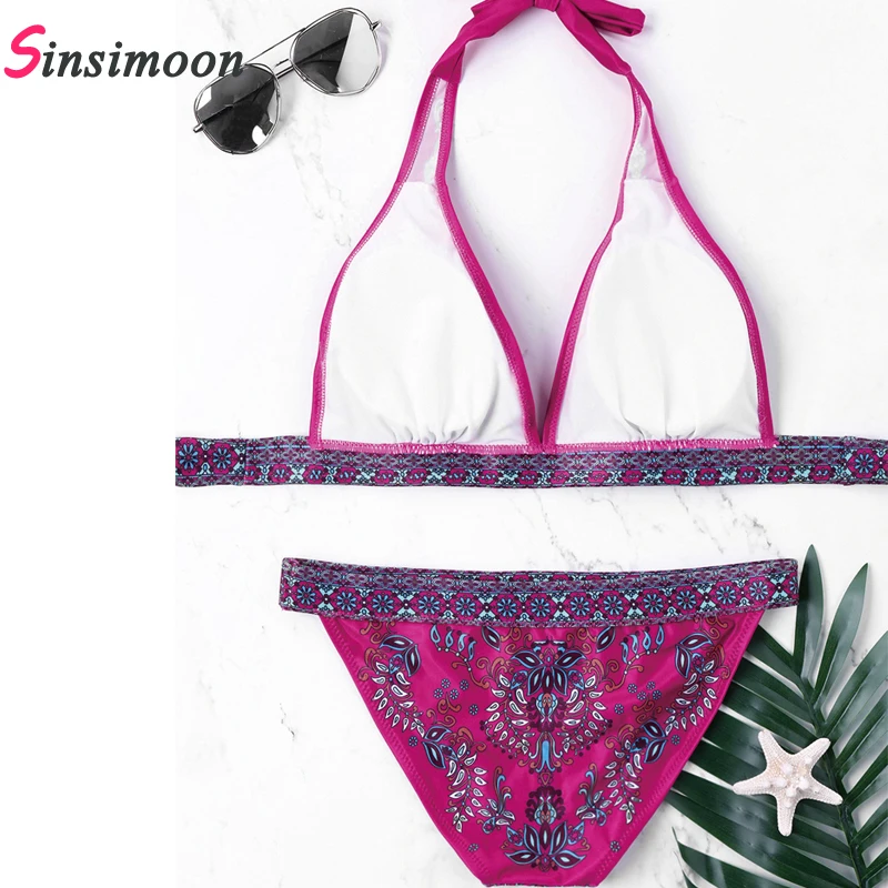Sexy Women's Ethnic Style Floral Print Bandage Belt Bikini Push-up Padded Bra Vintage Swimsuit Bathing Suit Swimwear Beachwear |
