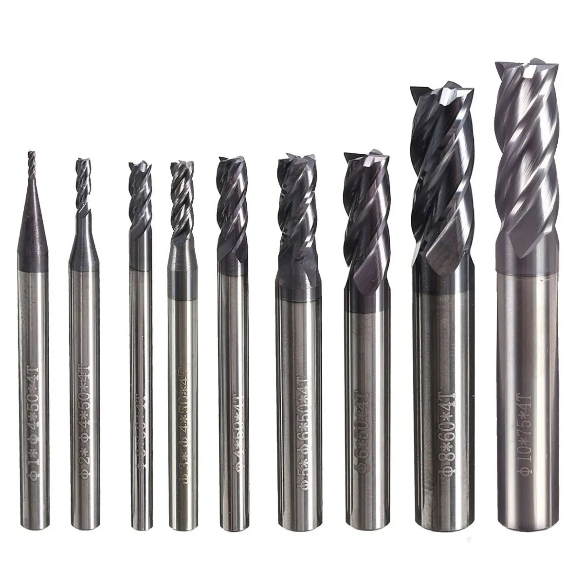 

1PC 8 Sizes 4 Flutes Tungsten Carbide End Mill Set HRC50 Straight Shank CNC tool 1mm/2mm/3mm/4mm/5mm/6mm/8mm/10mm